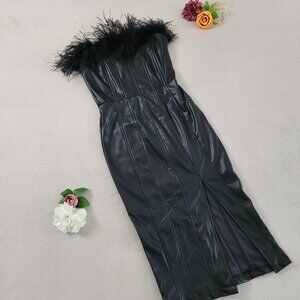 Lola Faux Leather Strapless Dress With Feather Trim In Black